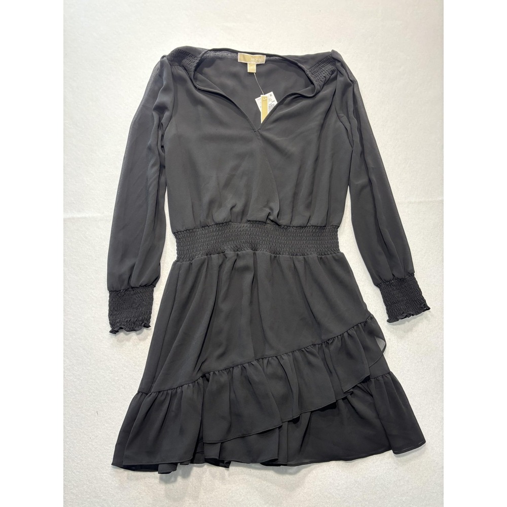Michael Michael Kors Dress Womens M Black Chiffon Wrap Smocked Ruffle Lined